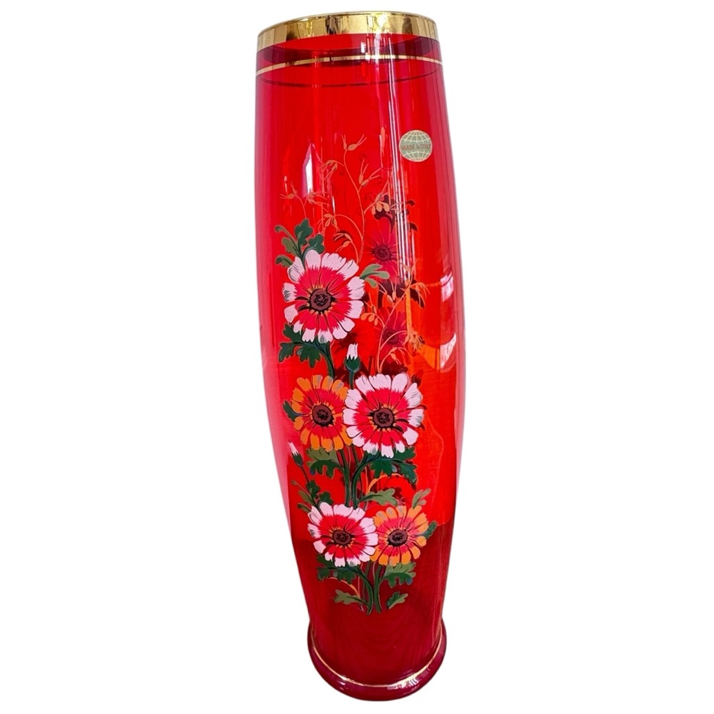Vintage 18” Italy Murano Ruby Red Glass Vase Hand Painted Flowers Gold Rim